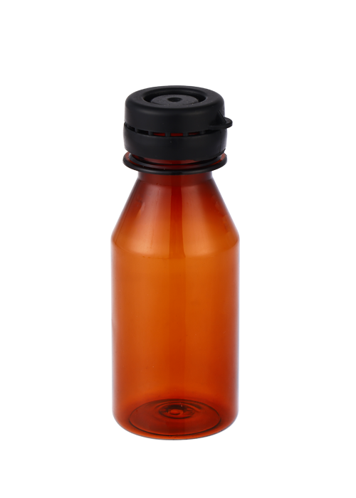 Flacone tondo liquido liquido trasparente con tappo a scatto marrone PET da 30-60 ml
